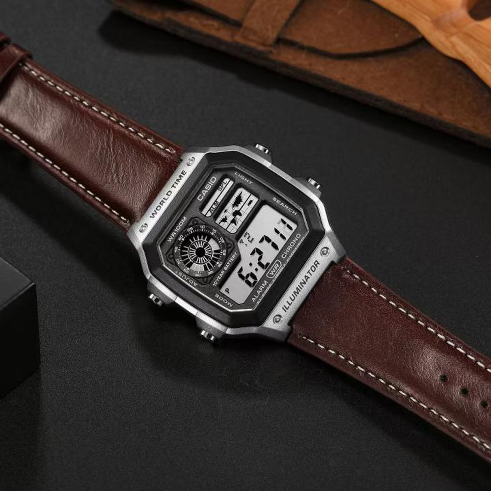 Casio AE-1200 illuminator Camel Brown - J1232 | Retro Design with LED Light