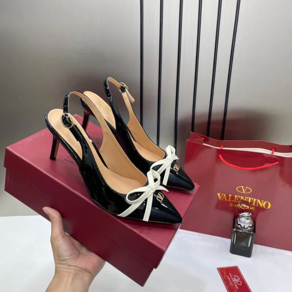 Valentino Elegant Womens Black Back Belt Leather With White Knot With OG Box & Carry Bag H-1 Black