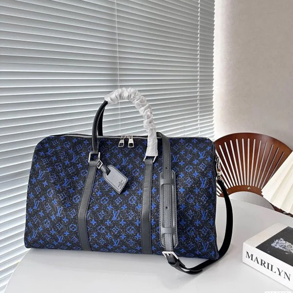 20 Louis Vuitton LV Keepall Bandoulire NBA Edition Premium Monogram Unisex Duffle Bag With Dust Bag & Accessories (Black Blue - 681)