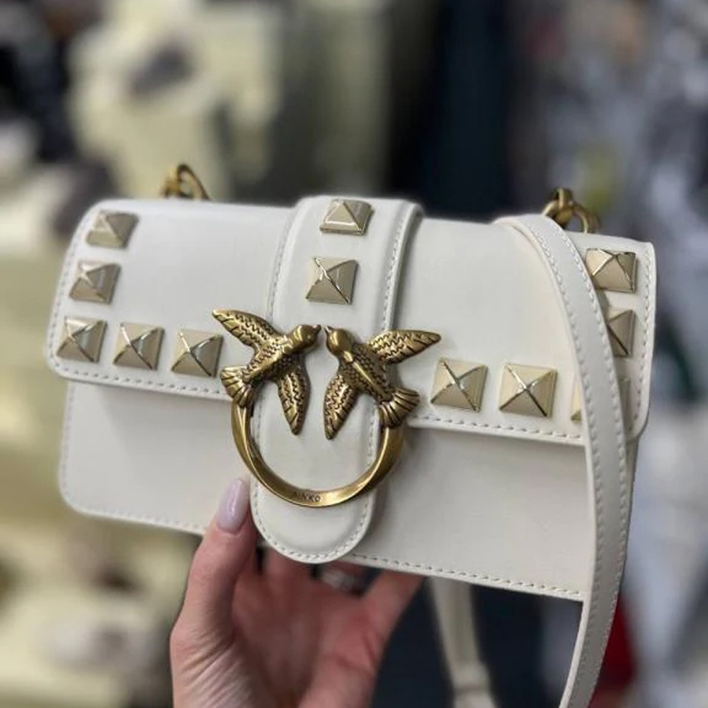 14 Pinko Love Studded Crossbody Bag With OG Box & Dust Bag White 9917